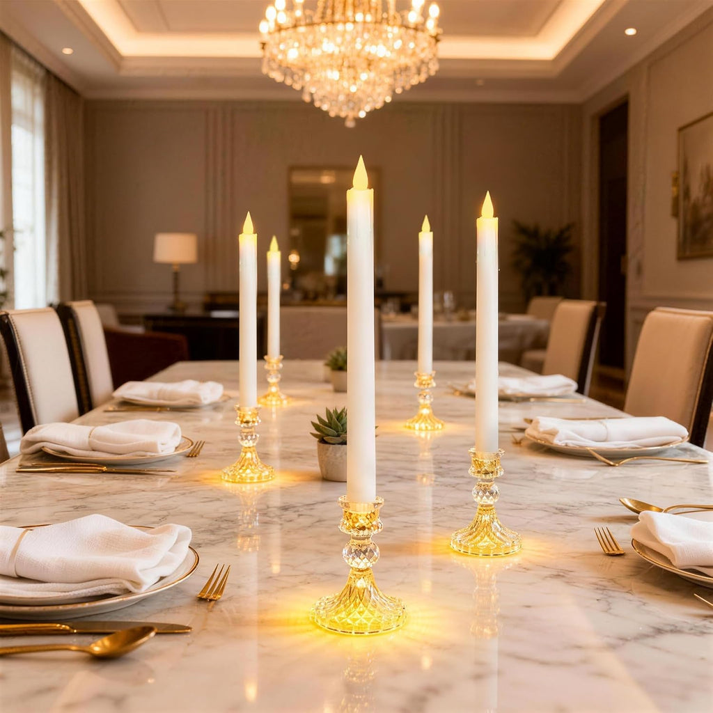Flameless Taper Candles with Illuminated Glass Candle Holder, Remote Timer 2AA Battery Operated 500+ Hours for Thanksgiving/Xmas Decor, Wedding Centerpiece (White, 2 Pack)