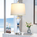 Rinweey Blue Glass Table Lamp with USB C+A Ports & AC Outlet,Coastal Bedside Lamp for Night Stands Bedroom Living Room,Nightstand Lamp LED Bulbs Included,Single Blue