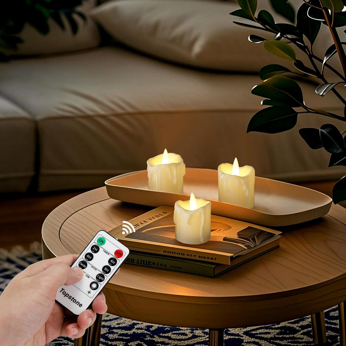 Topstone Flickering Flameless LED Tea Lights, Dimmable Battery Operated Fake Candles with Dual Remotes, Steady & Flicker Modes, 12 Pack Bulk for Christmas Halloween Holiday Decor