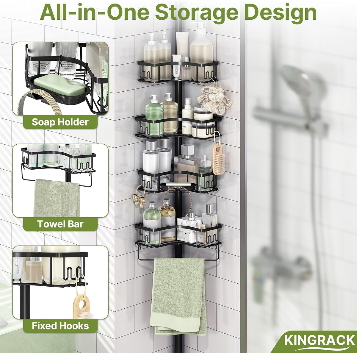 KINGRACK Corner Shower Caddy, 4‑Tier Tension‑Rod Shower Organizer, Black