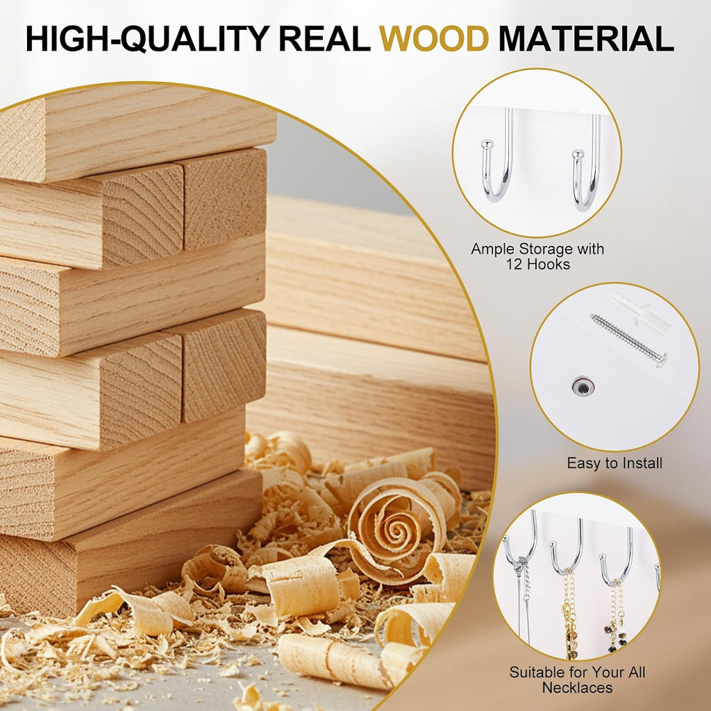 2 Pack Wall Necklace Organizer, Wooden Jewelry Holder, White, 24 Hooks
