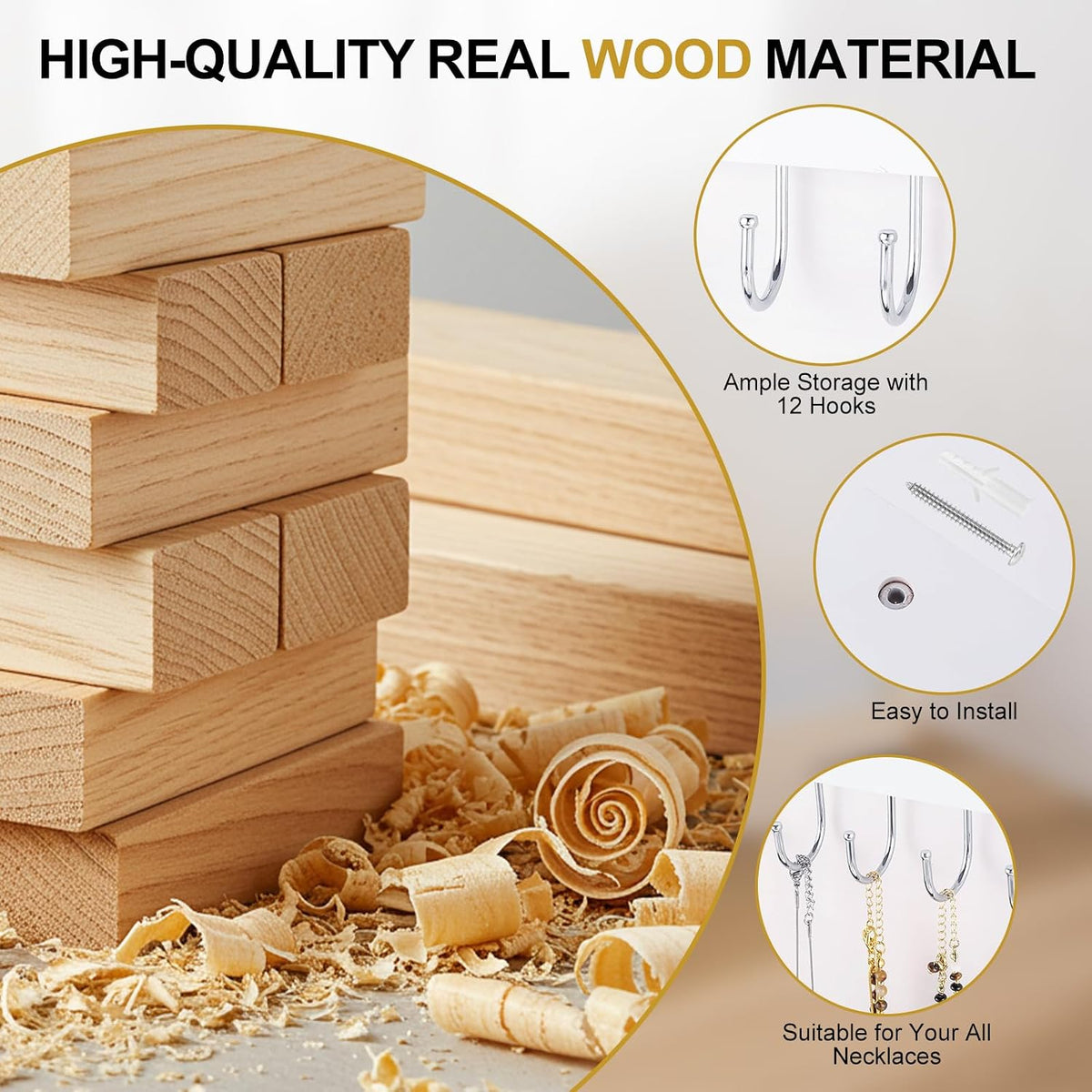 2 Pack Wall Necklace Organizer, Wooden Jewelry Holder, White, 24 Hooks