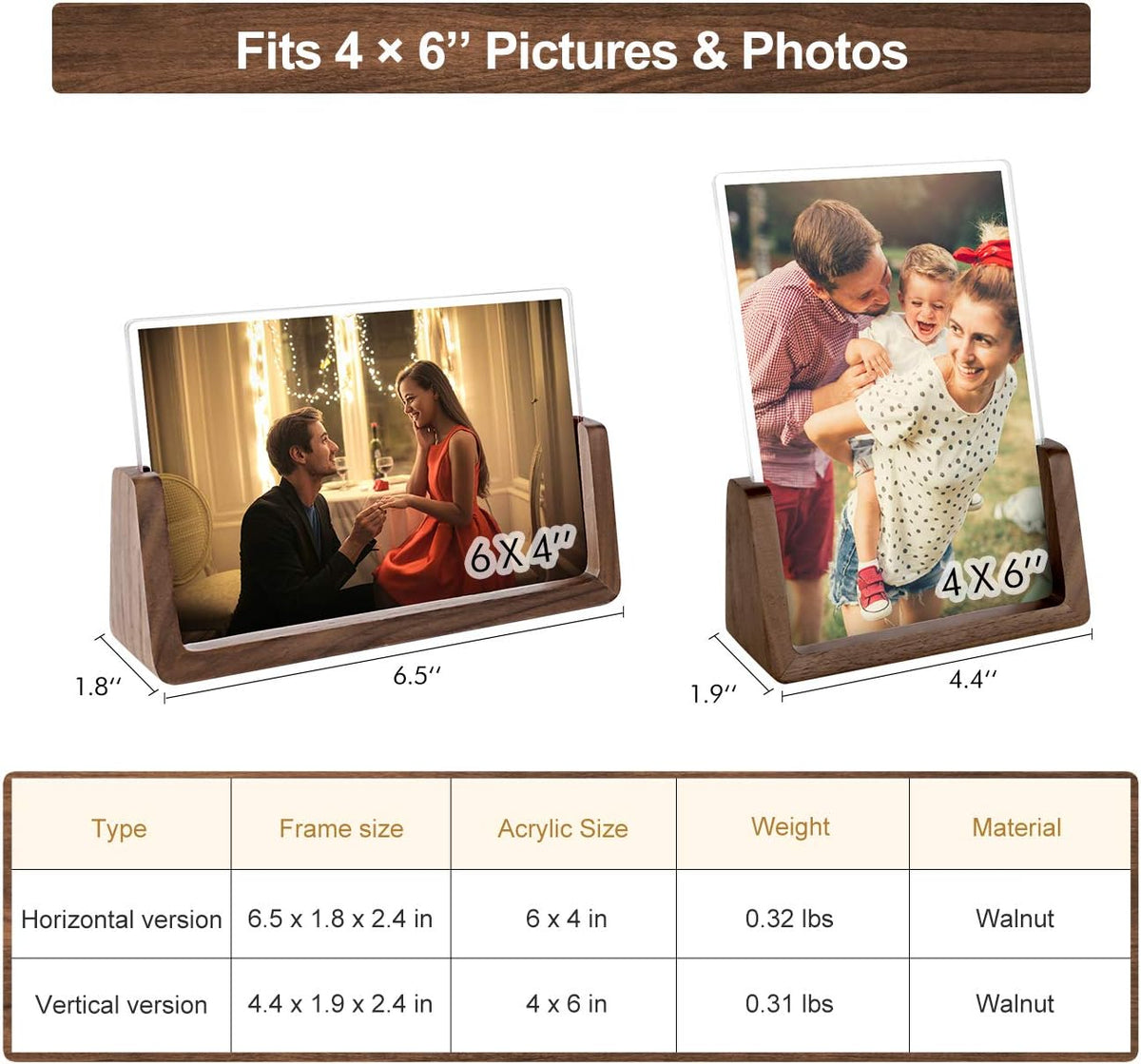 Mixoo 4x6 Picture Frame 2 Pack - Rustic Wooden Picture Frames with Walnut Wood Base and High Definition Break Free Acrylic Photo Covers for Desk Tabletop Display Teacher Father Gifts (Horizontal + Vertical)