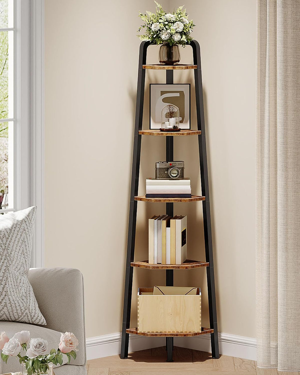 CHOEZON Corner Shelf, 5-Tier Ladder Corner Shelf, Ladder Bookshelf, 59.6" Tall Vertical Display Stand, Metal Frame Bookshelf, for Living Room, Bedroom, Kitchen, Rustic Brown and Black TCJ20BF