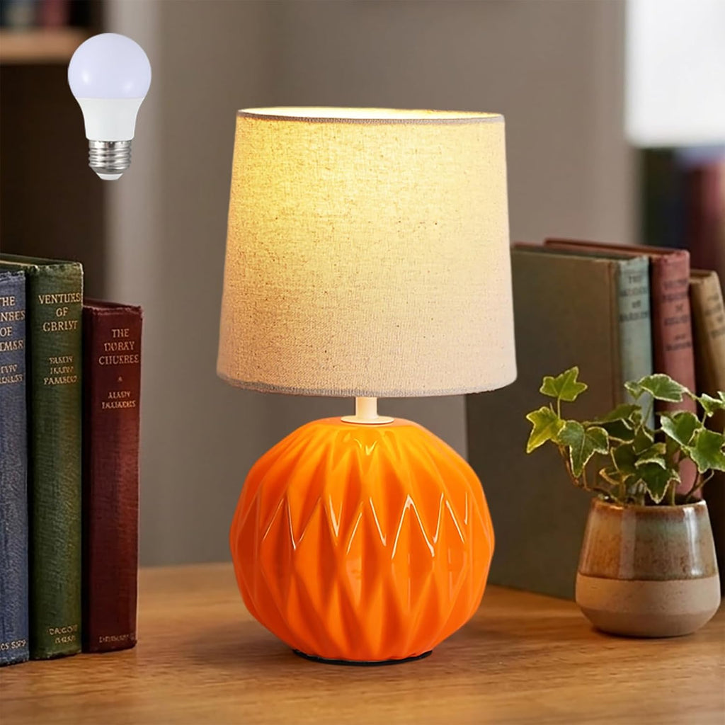 Orange Ceramic Table Lamp with Linen Shade, Small Bedside Lamp for Bedroom