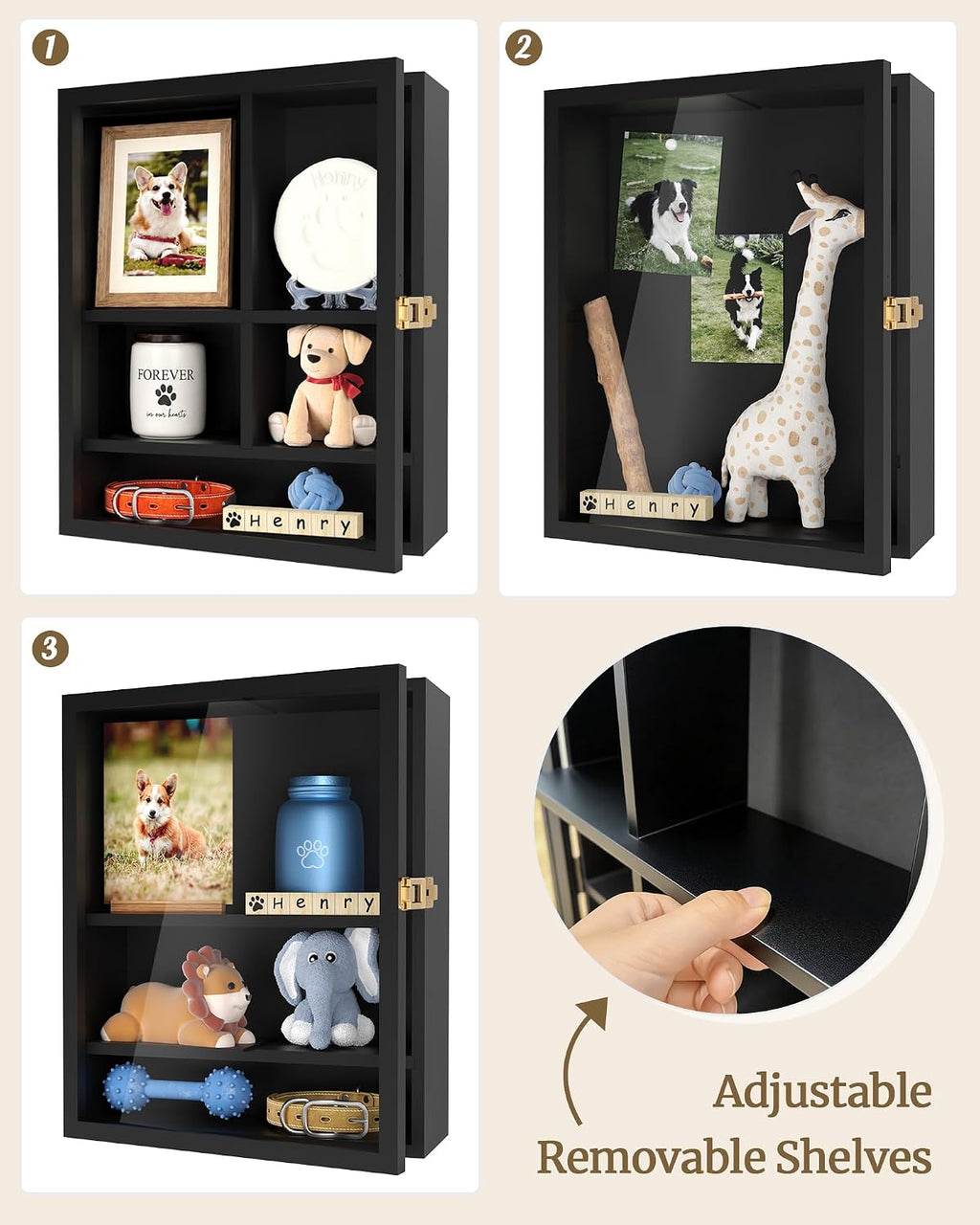 Pet Memorial Shadow Box, 14.7"x 12" Dog Memorial Shadow Box with Adjustable Shelves & Pin-Back Board, Wooden Pet Memorial Box for Ashes, Photos & Keepsakes, Loss of Pet Sympathy Gift, In Memory of Dog