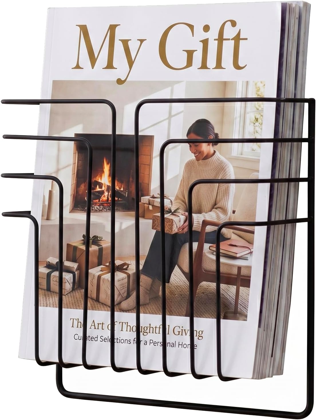 MyGift Black Metal Wire Wall Mounted Magazine File Holder Organizer Rack