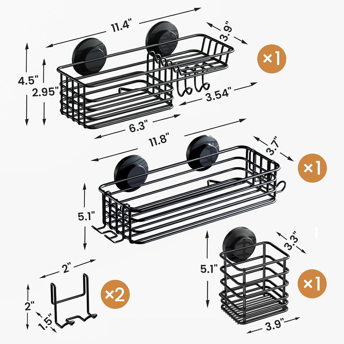 LEVERLOC Shower Caddy Suction Cup, 3 Pack Black Shower Shelf With Hook