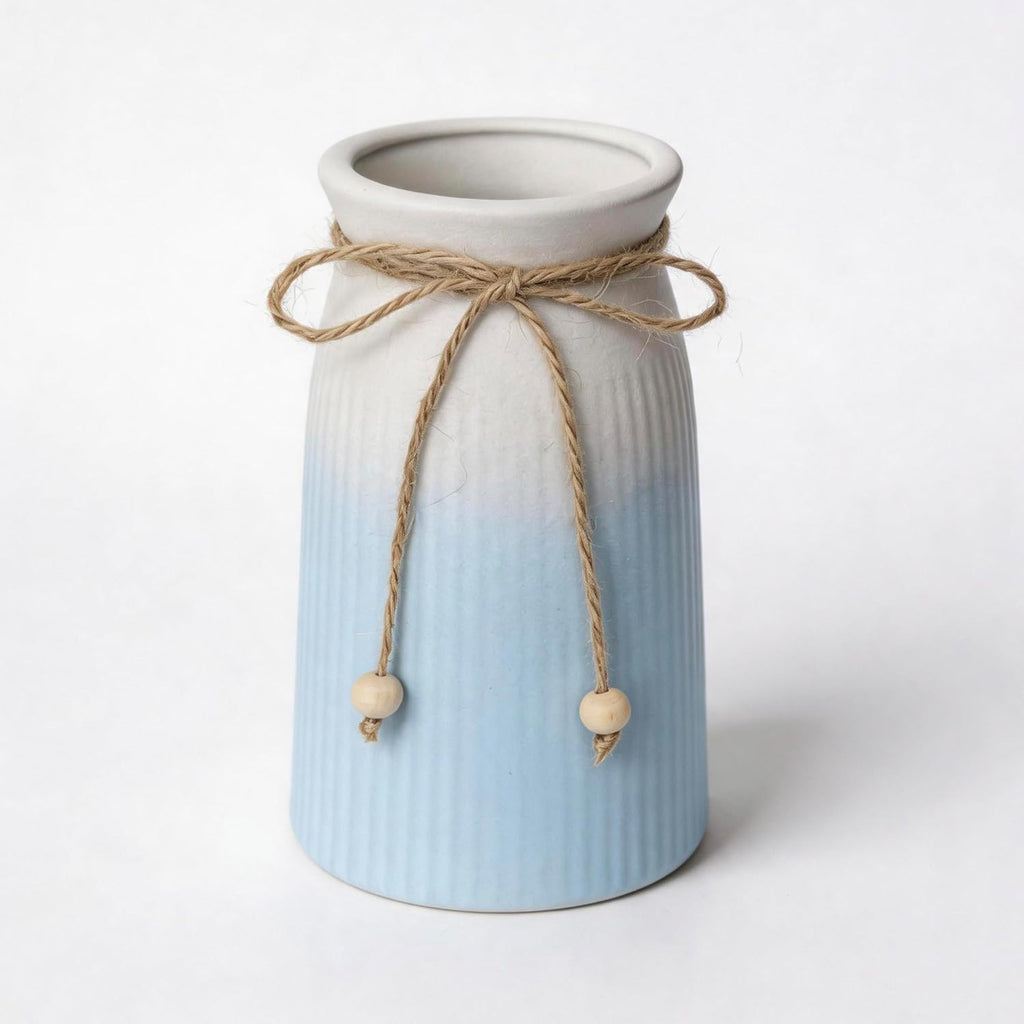 Small Ceramic Vase for Home Decor, 6" Farmhouse Ribbed Vase with Twine Bow, Blue Decorative Flower Vase for Pampas Grass, Rustic Boho Vase for Table, Shelf, Living Room, Office