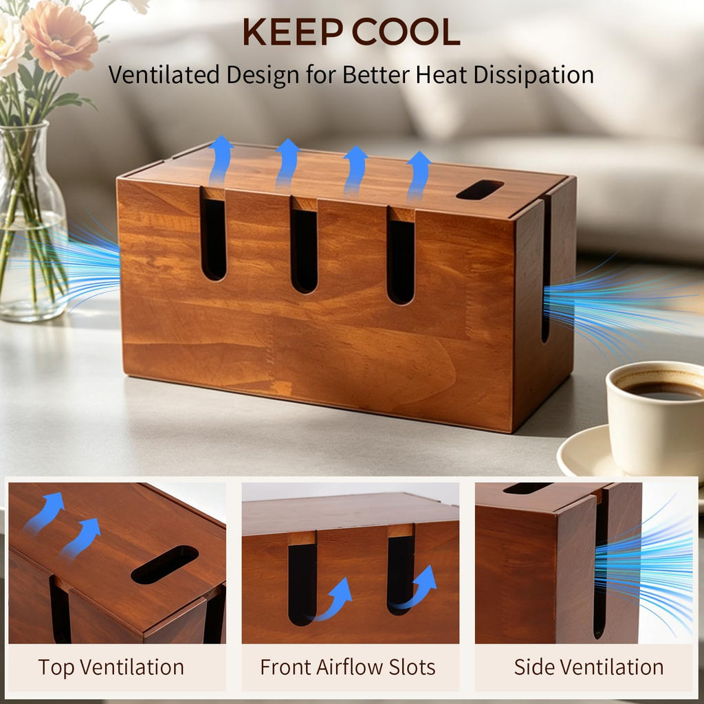 Wooden Cable Management Box, Power Strip Cord Hider with 5 Cable Slots