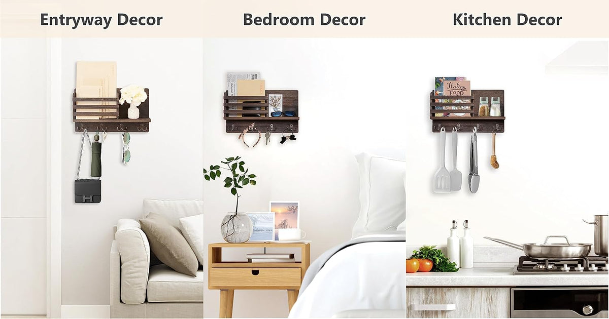 Dahey Key Mail Holder Wall Mounted Wooden Hanger with 4 Double Hooks, Brown
