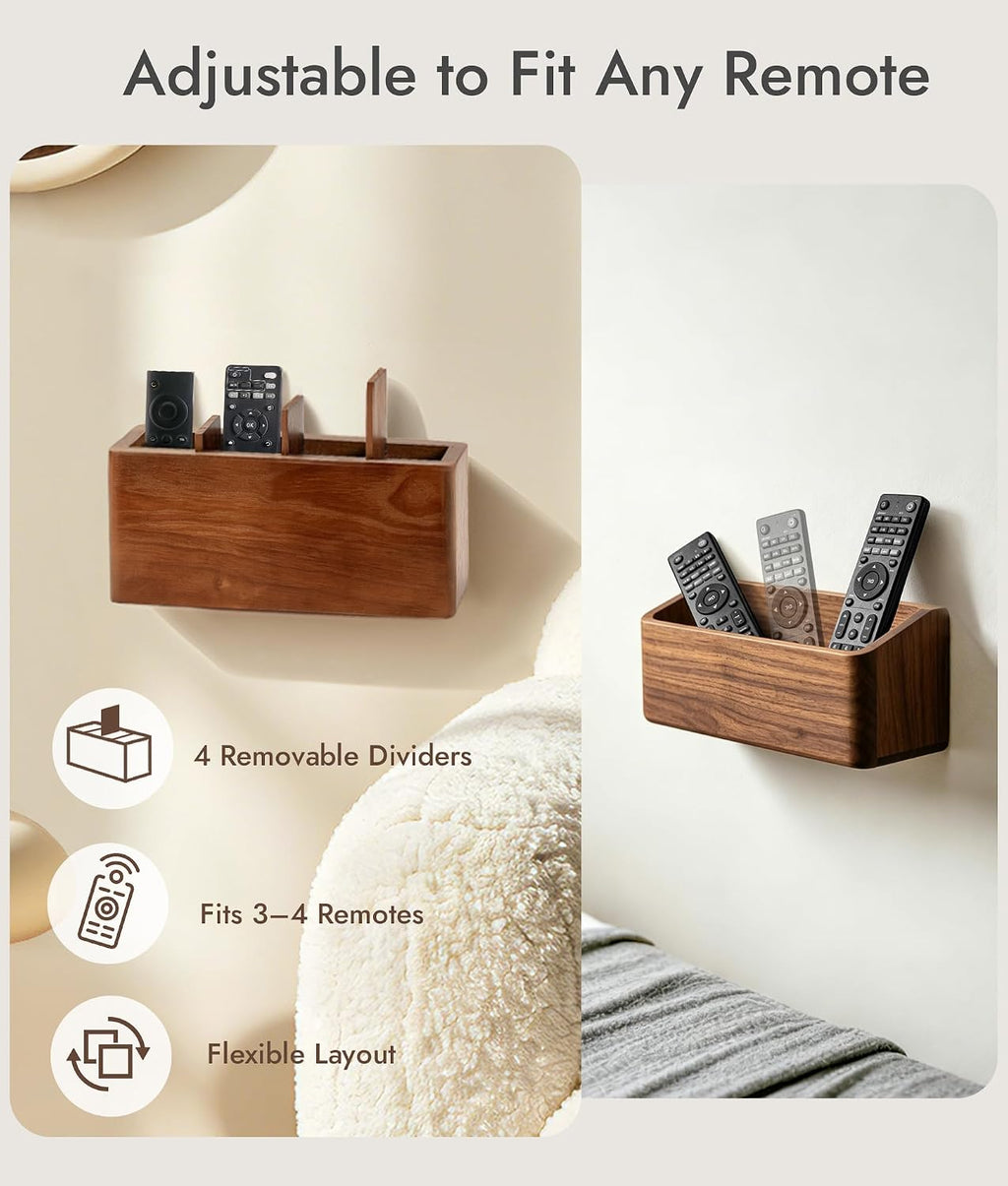 Wooden Remote Control Holder Wall Mount, TV Remote Organizer with Adjustable Dividers for 3–4 Remotes, Adhesive or Screw Install for Bed, Wall, Couch & Table