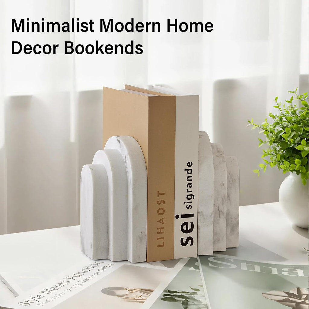 LIN CHUAN Heavy Duty Bookends for Shelves, Set of 2, Marble White Look