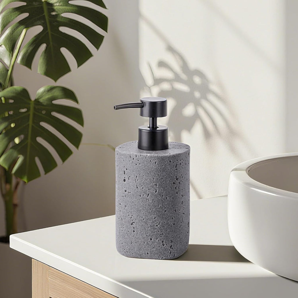 Clasin Home 2 Pack Gray Resin Soap Dispensers, Refillable Liquid Lotion Dispenser Bottles with Travertine-Look for Bathroom and Kitchen Countertop, Modern Stone Texture (10.8 oz), Spare Pump Included