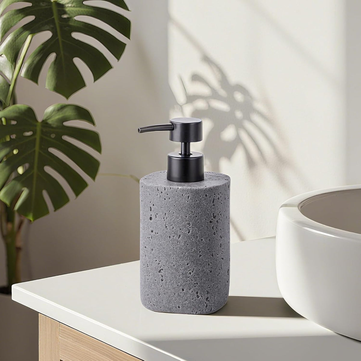 Clasin Home 2 Pack Gray Resin Soap Dispensers, Refillable Liquid Lotion Dispenser Bottles with Travertine-Look for Bathroom and Kitchen Countertop, Modern Stone Texture (10.8 oz), Spare Pump Included