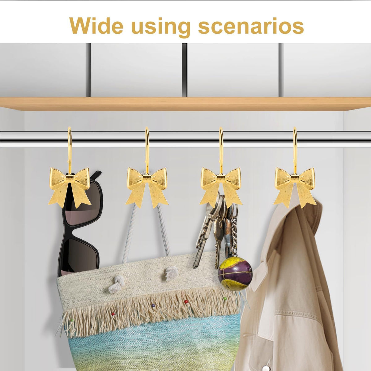Bow Shower Curtain Hooks, 12-Pack Gold Metal Decorative Bow Knot Rings