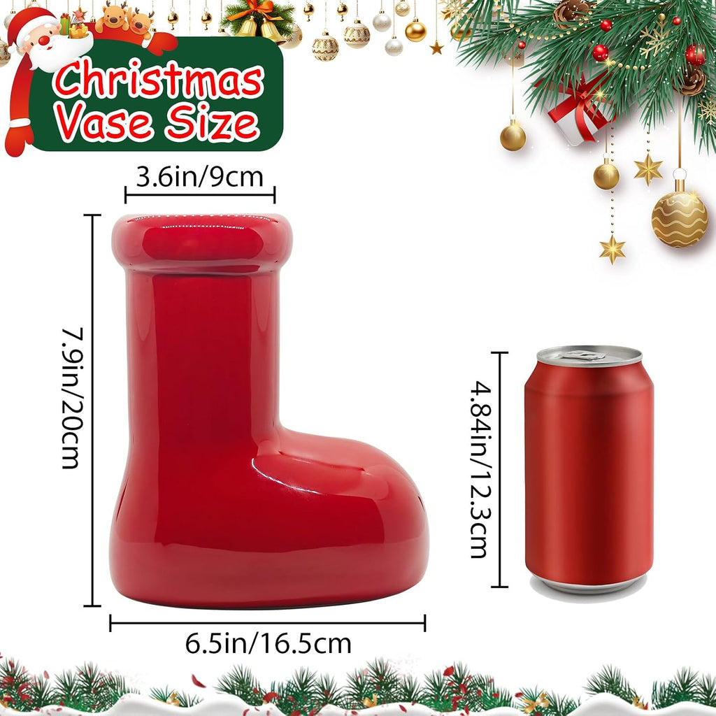 Red Boot Christmas Vase, 8 Inch Ceramic Decorative Vases for Home Decor