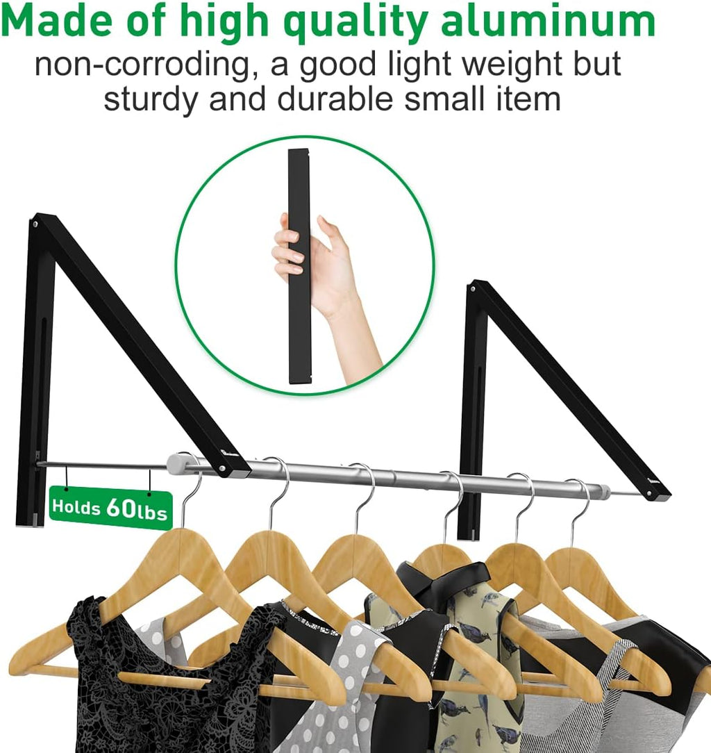 Retractable Clothes Rack - Wall Mounted Folding Clothes Hanger Drying Rack for Laundry Room Closet Storage Organization, Aluminum, 2 Racks with Rod (Black)