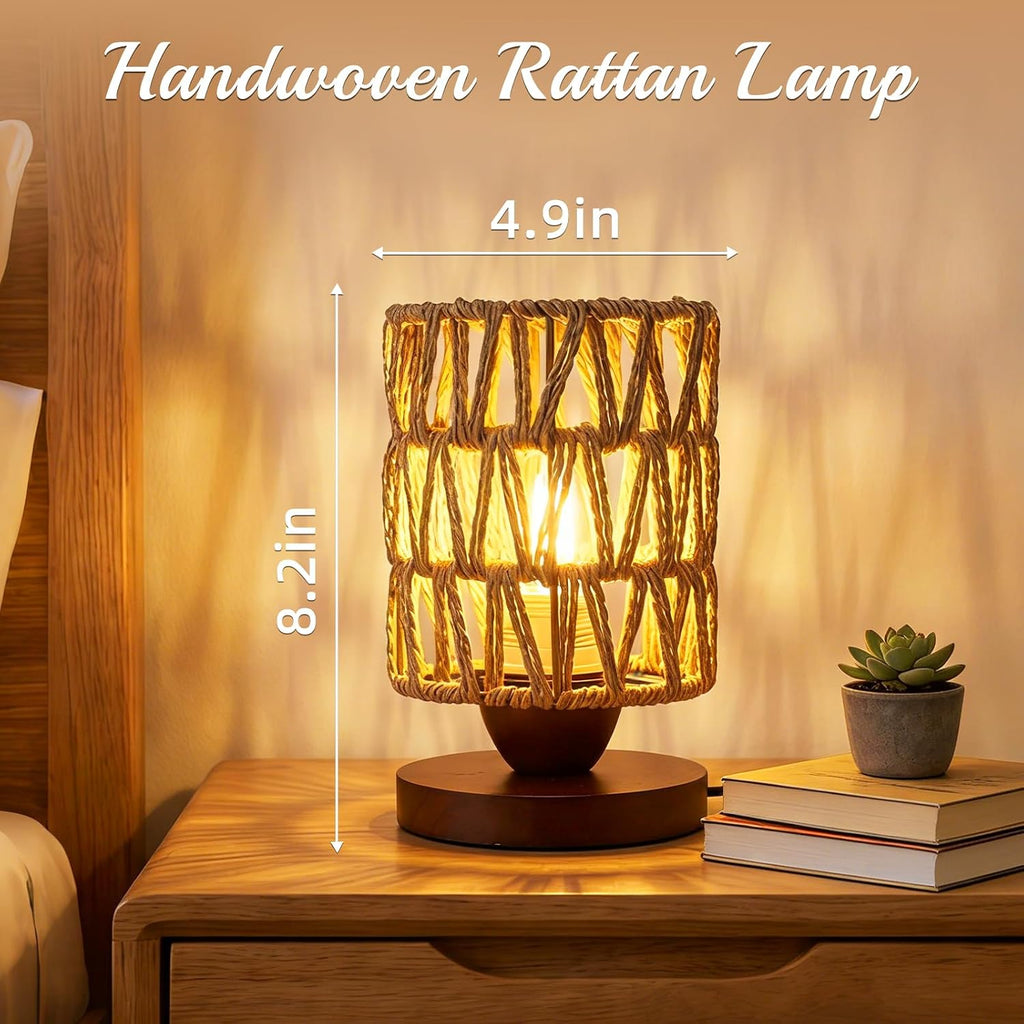 Boho Rattan Table Lamp,Dimmable Bamboo Small Bedside Lamp for Bedroom Decor