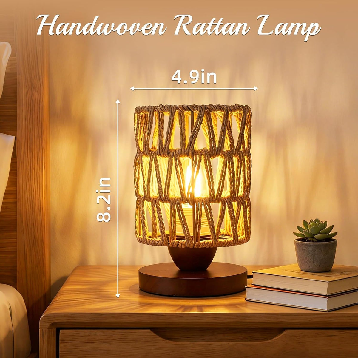 Boho Rattan Table Lamp,Dimmable Bamboo Small Bedside Lamp for Bedroom Decor