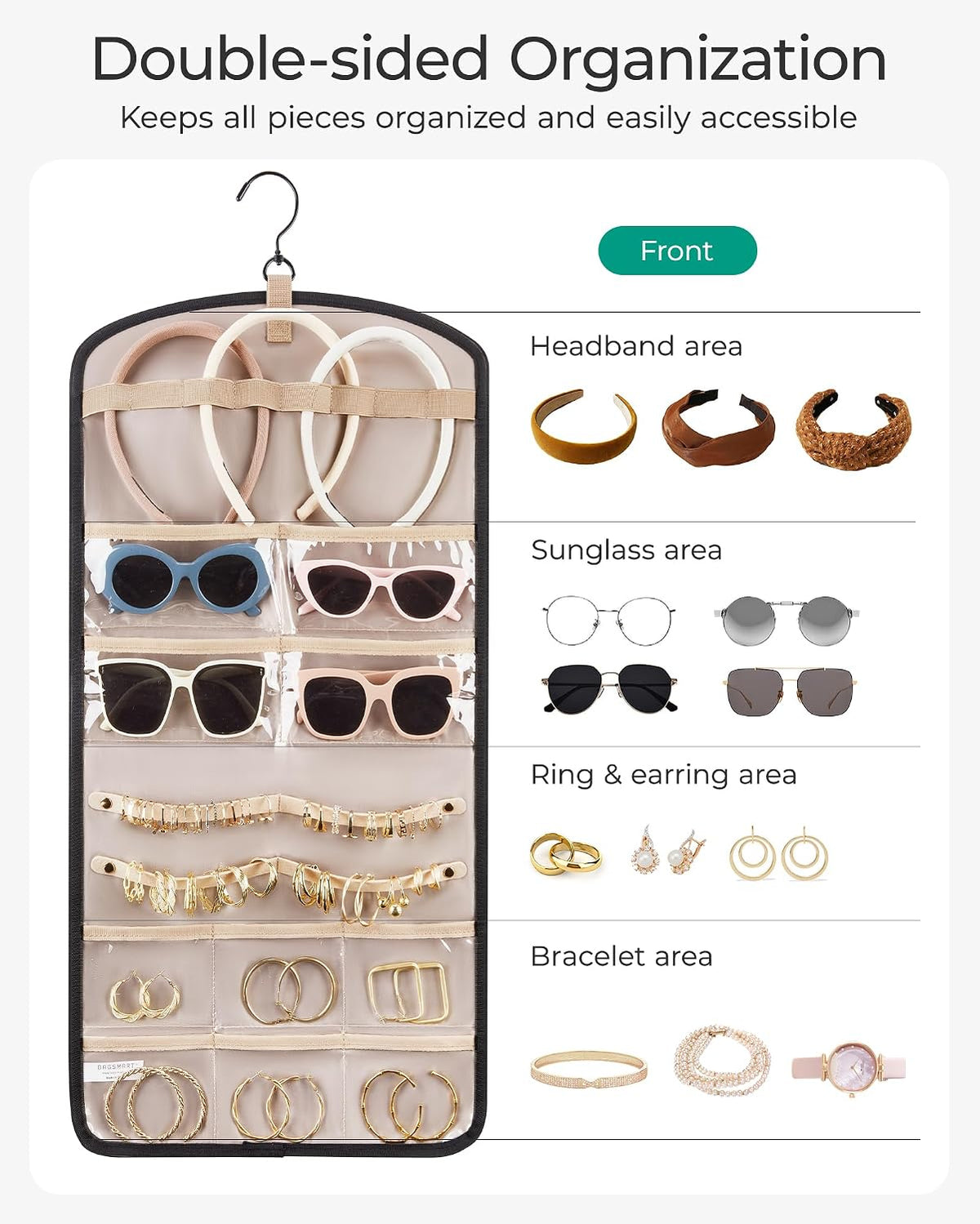 BAGSMART Hanging Jewelry Organizer Claw Clip Necklace Holder Roll for Hair Ties, Headbands, Clips, Earrings, Necklaces, Glasses Double-Sided on Closet, Wall, Door, 1 piece, Large-Baby Pink