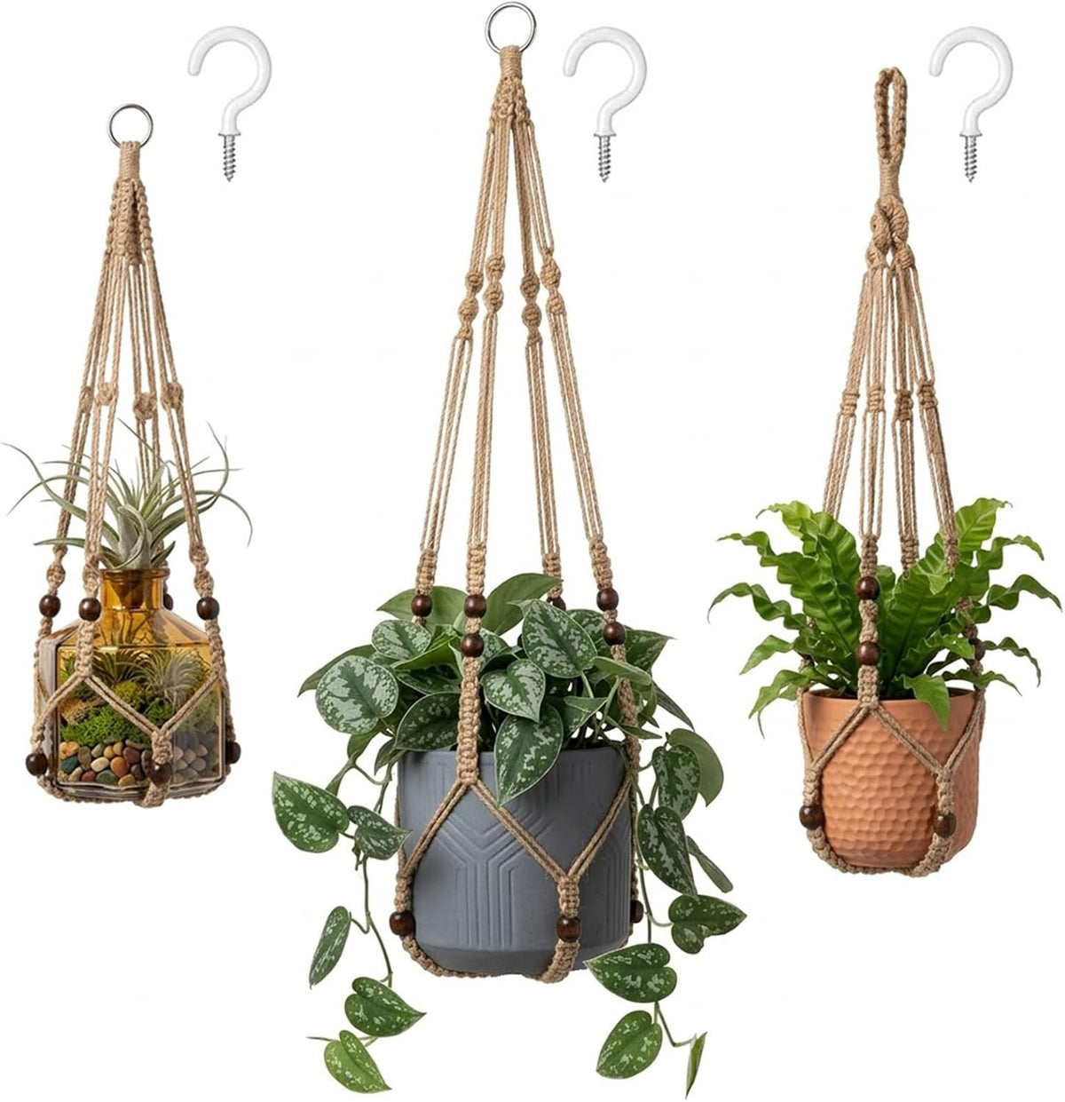3 Pack Macrame Plant Hanger, Bohemian Hanging Planter with Elegant Wooden Beads for Indoor Outdoor (Pot and Plant are Not Included)