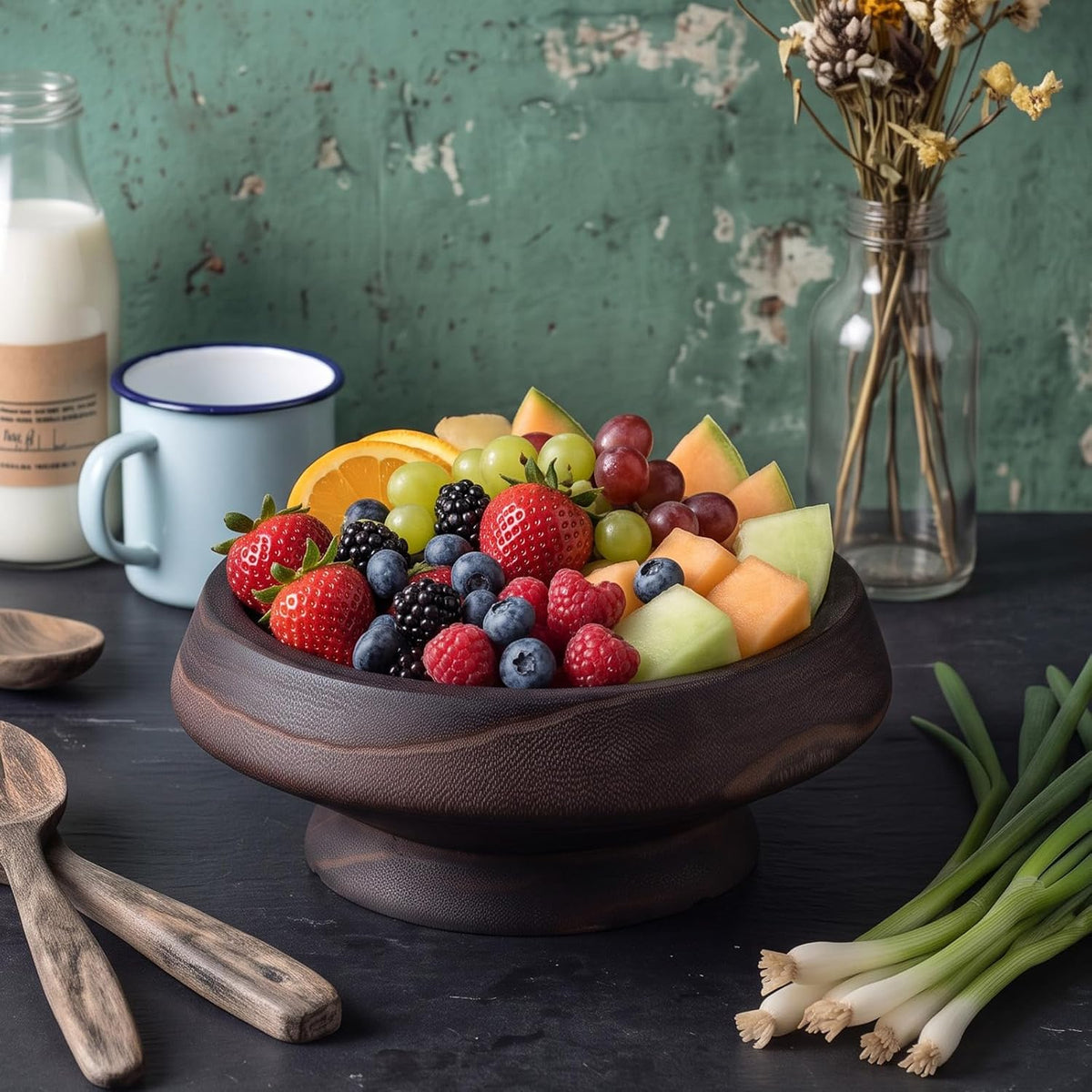 Wooden Fruit Bowl with Footed Base for Kitchen Counter