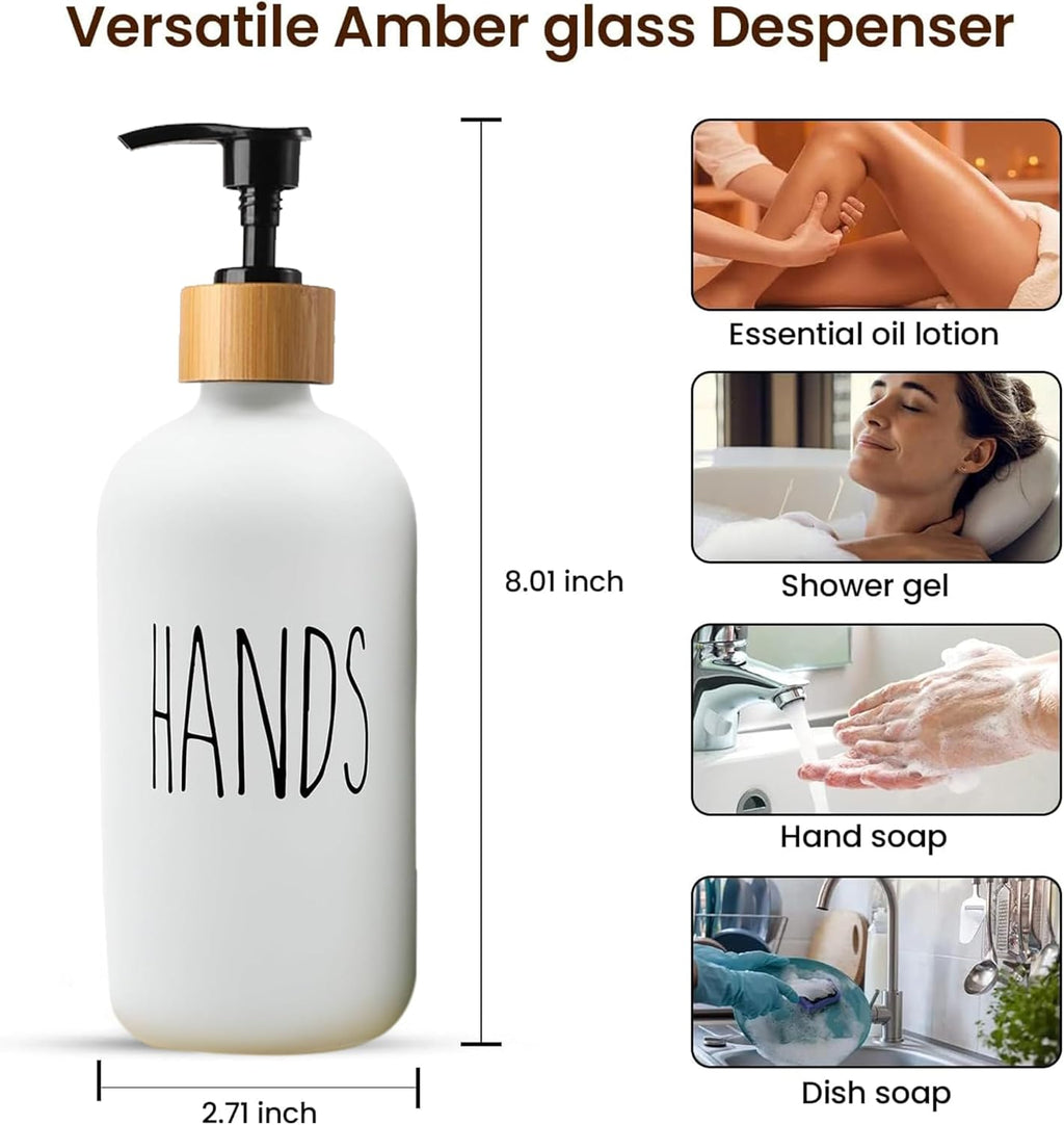 Sunrise Premium White & Black Glass Soap Dispenser-Bamboo Pump & Tray, 2 Pc