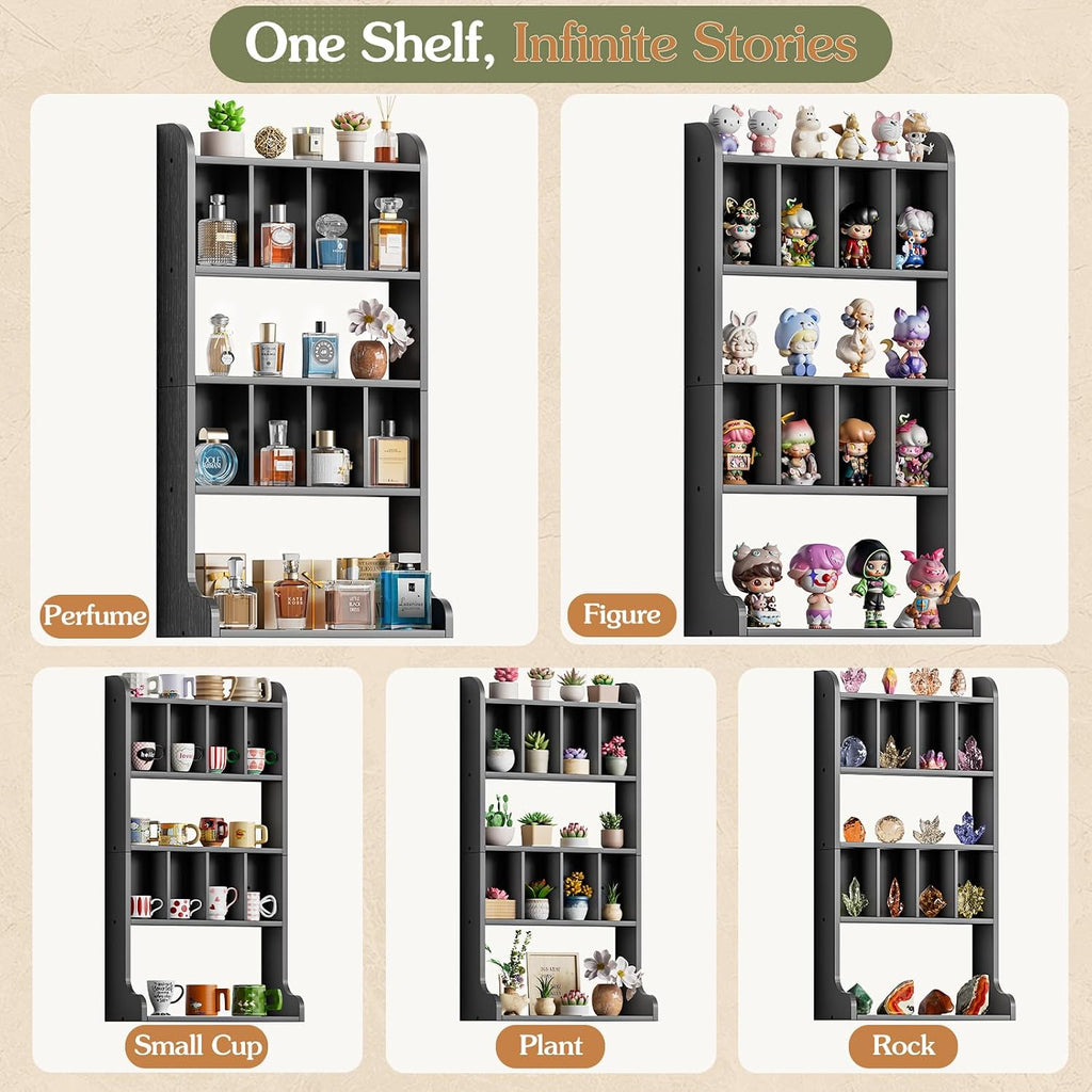 Keebofly Perfume Organizer Wall Mount & Large Cologne Display Case - Wooden Multi-Tier Trinket Shelf for Fragrances, Collectibles, Figures, Miniatures, Cosmetics and Shot Glasses,Black