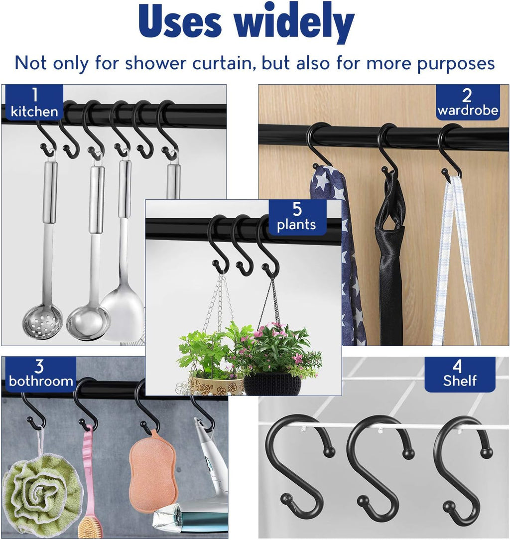 Metal Shower Curtain Hooks，Set of 12 Rings，Rust Resistant S Shaped Hooks Hangers for Kitchen Utensils, Clothing, Towels, etc. (Black)