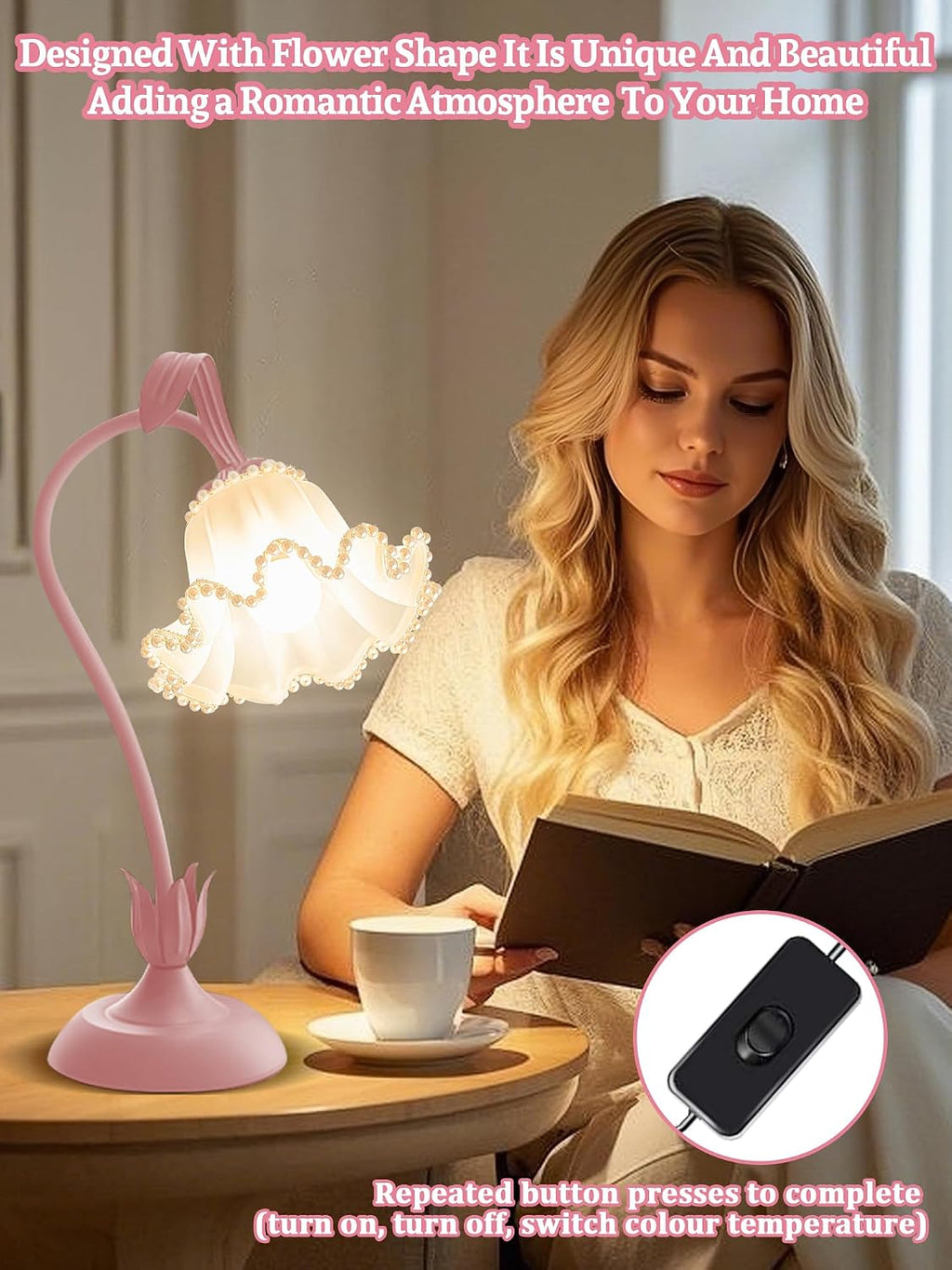 Flower Table Lamp Bedside Lamps LED Reading Light,3 Color Modes Cute Small Lamp,Vintage Flower Lamp Kawaii Table Lamp for Bedroom Living Room Office Dorm Desk Home Decor (Pearl Pink lamp)