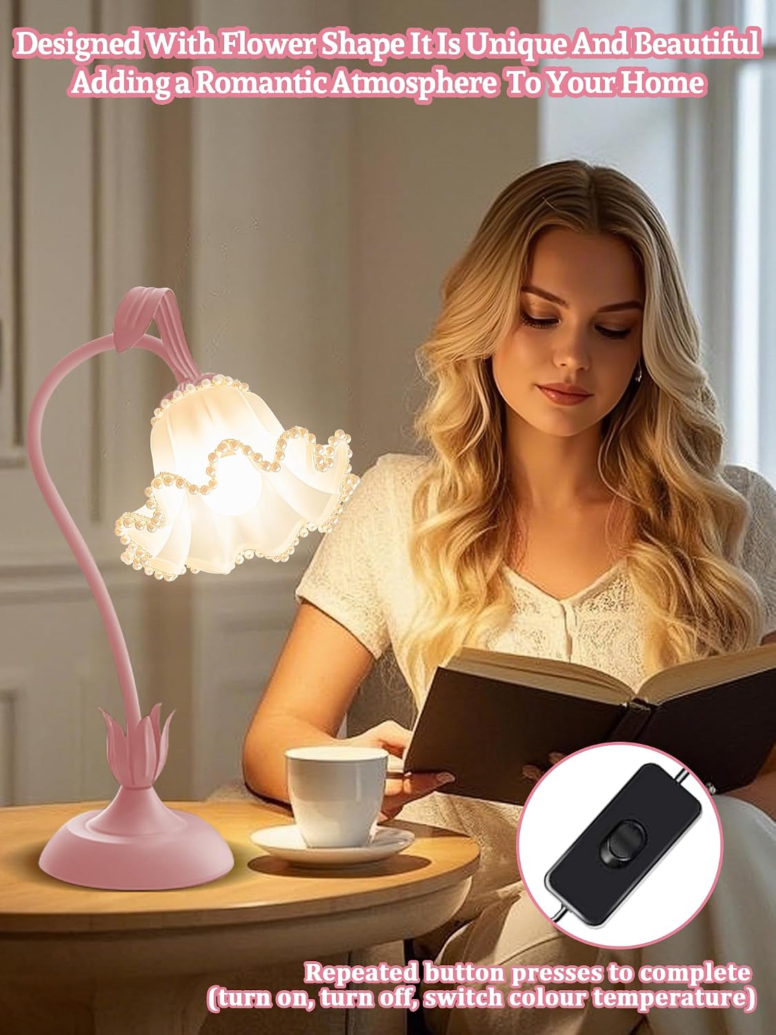 Flower Table Lamp Bedside Lamps LED Reading Light,3 Color Modes Cute Small Lamp,Vintage Flower Lamp Kawaii Table Lamp for Bedroom Living Room Office Dorm Desk Home Decor (Pearl Pink lamp)