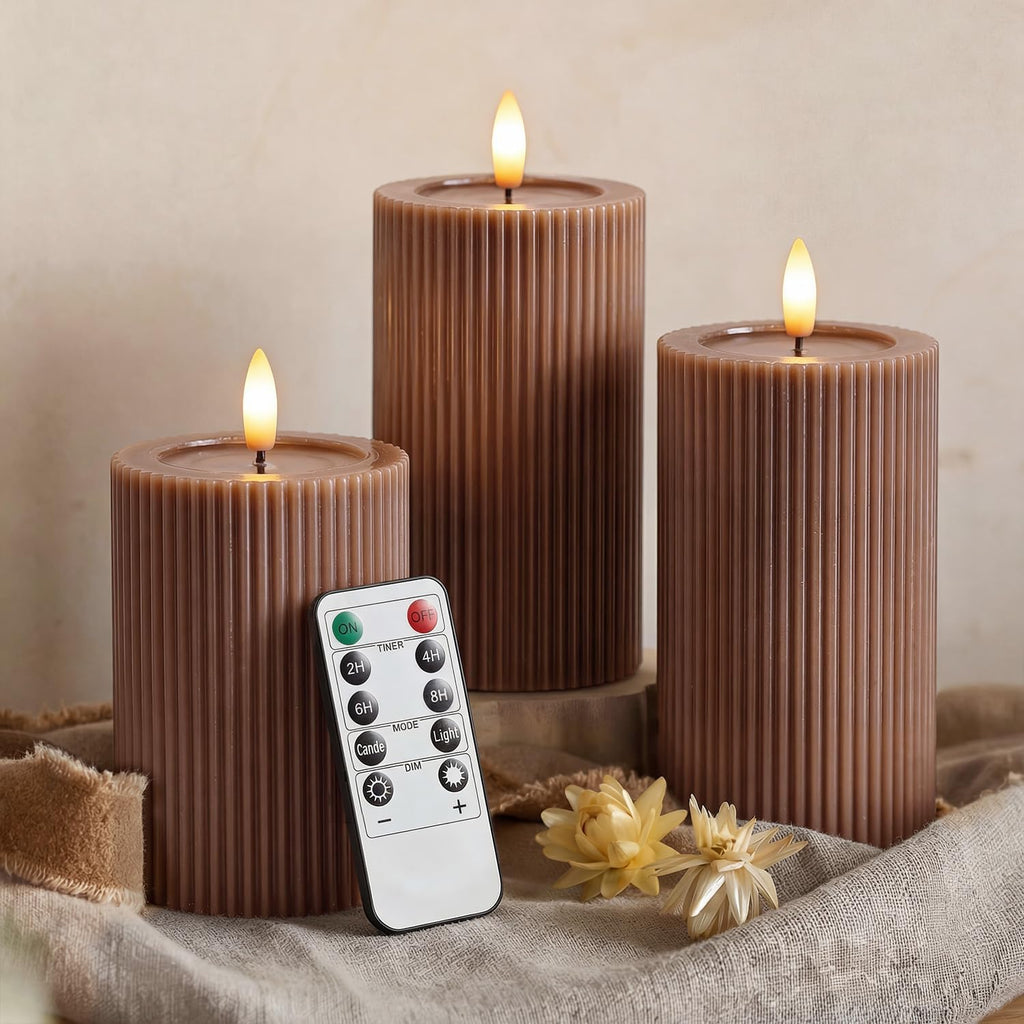 Fluted Ribbed LED Pillar Candles, Brown, with Realistic Reflective Melted-Wax Effect – Flickering Flame, Remote, Dimmable, Flameless, Battery Operated, Home & Wedding Decor (Set of 3)