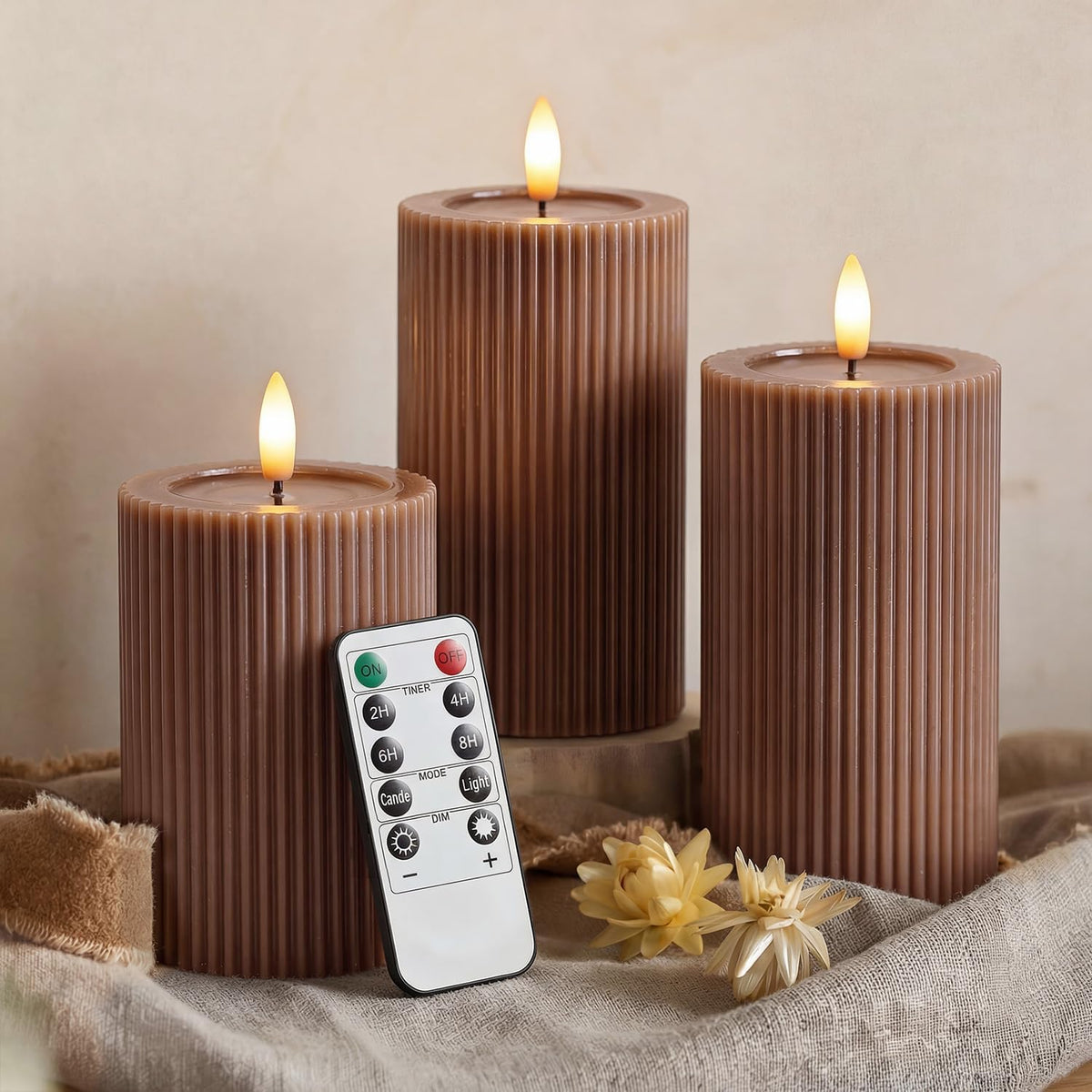 Fluted Ribbed LED Pillar Candles, Brown, with Realistic Reflective Melted-Wax Effect – Flickering Flame, Remote, Dimmable, Flameless, Battery Operated, Home & Wedding Decor (Set of 3)