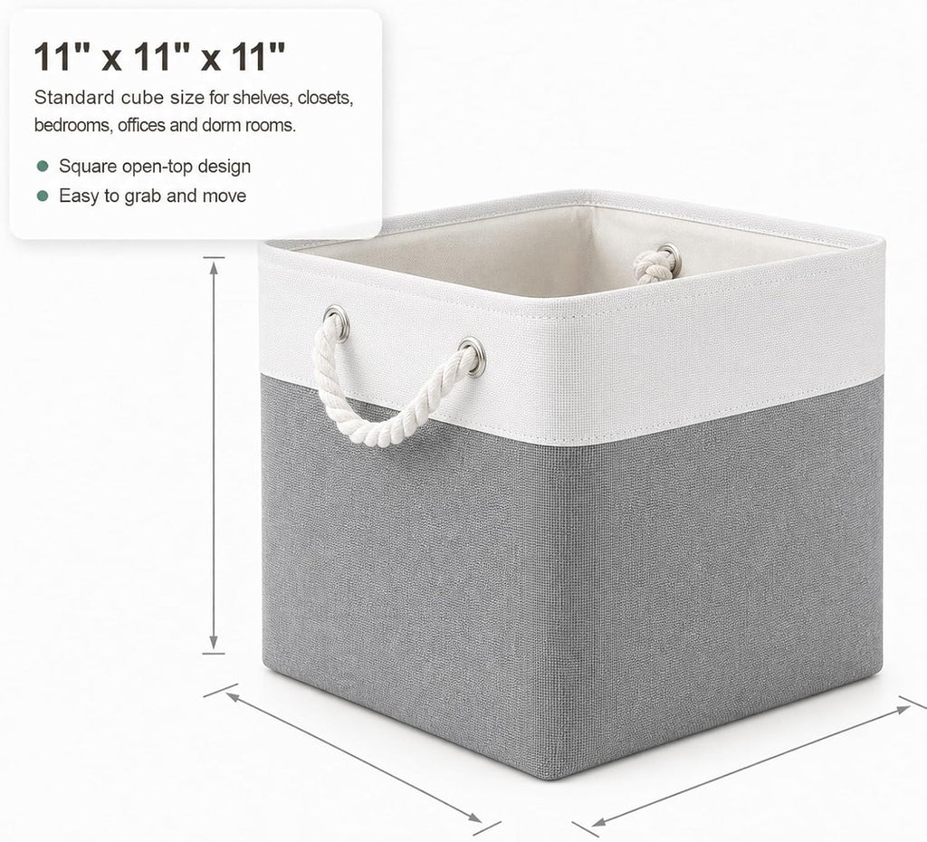 11x11 Inch Cube Storage Bins, 6 Pack Collapsible Fabric Storage Cubes with Rope Handles, Waterproof Foldable Storage Baskets for Cube Shelves, Closet, Clothes, Toys, Books, White & Gray