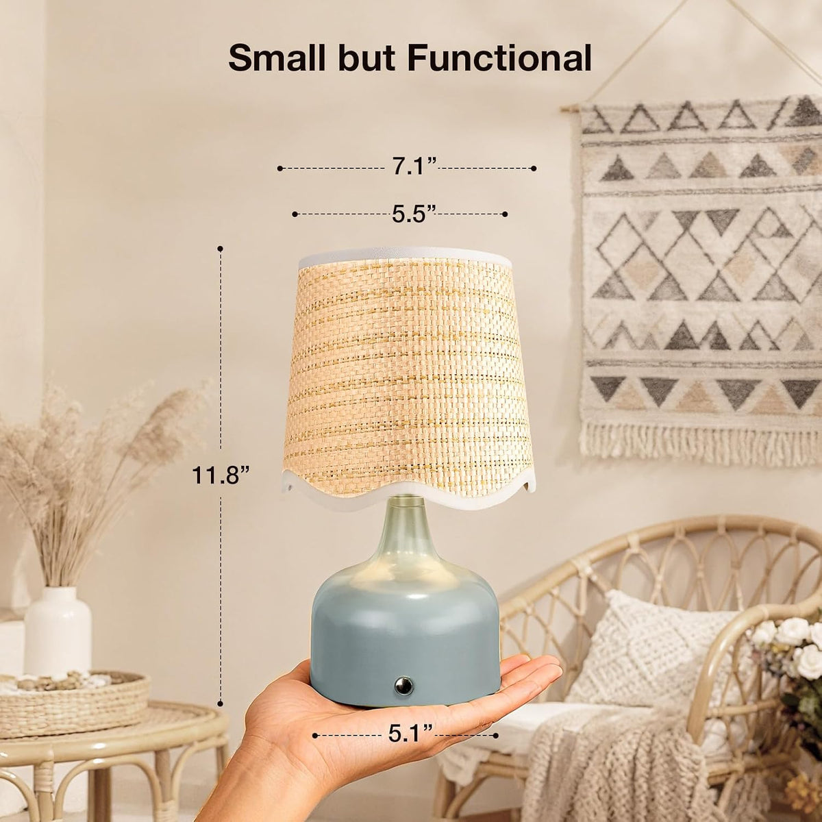 Cordless Boho Table Lamp Blue, Scalloped Wicker Shade, 5200-mAh Rechargeable Battery, 3-Way Dimmable, Build-in Integrated LED 320 Lumen Max, for Bedside Living Room