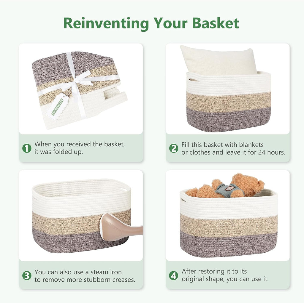 ECDYQXVU 15x10x9 Woven Cotton Rope Storage Basket, Leather Handles 2 Pack