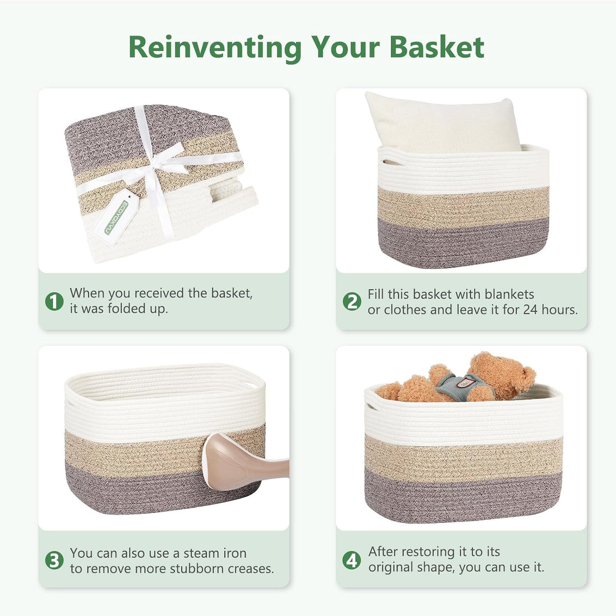 ECDYQXVU 15x10x9 Woven Cotton Rope Storage Basket, Leather Handles 2 Pack