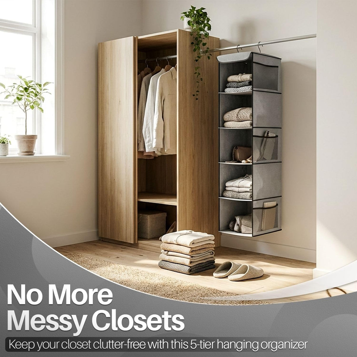 Flexzion 5-Shelf Fabric Hanging Closet Organizer, 11.9-Inch Wide, Brown