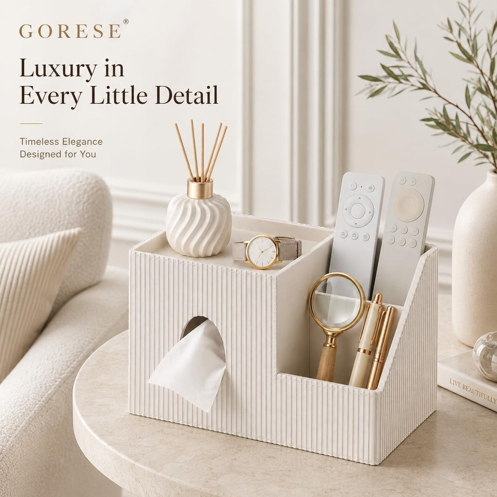 GORESE Square Tissue Box Cover with Storage Tray, Leather Tissue Box Holder