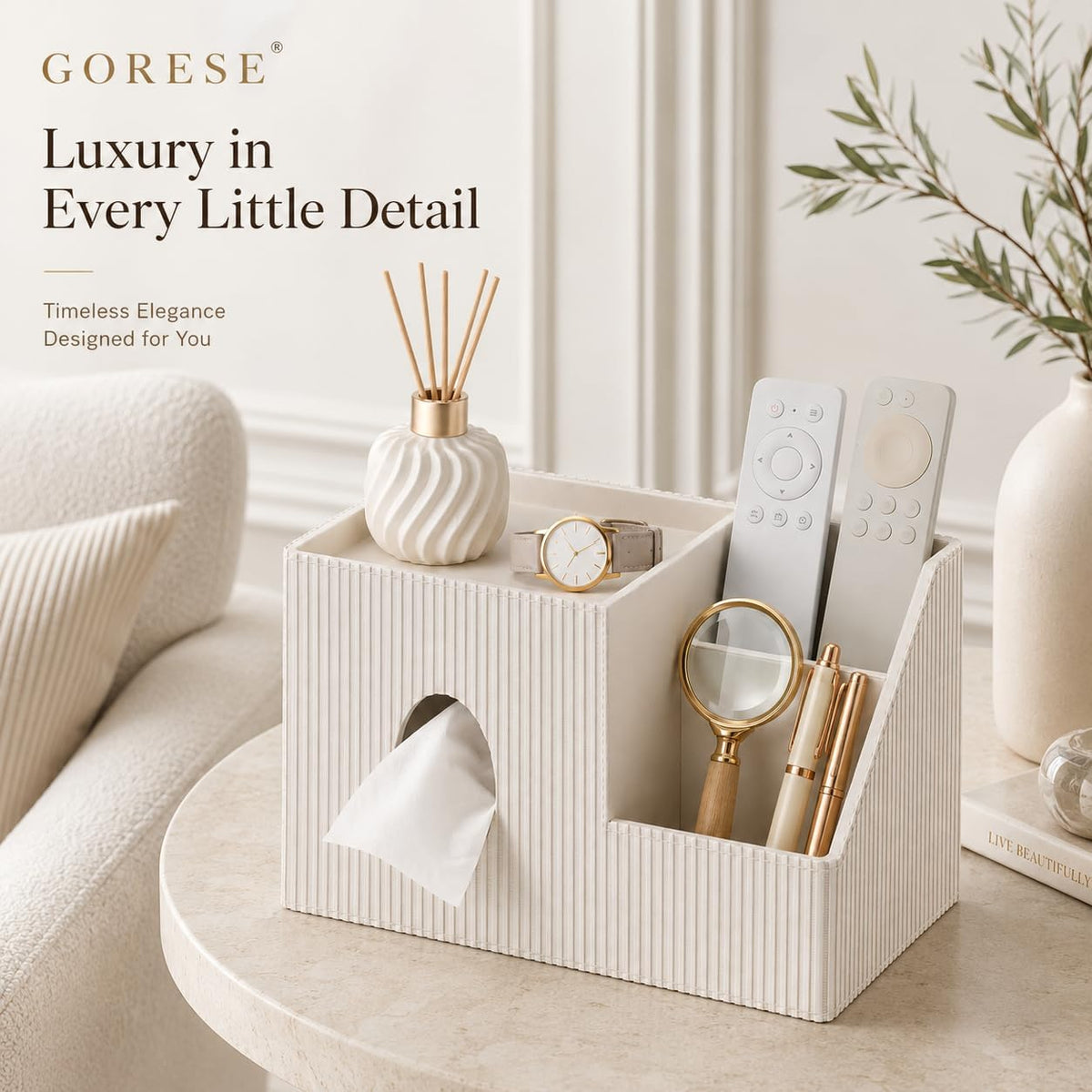 GORESE Square Tissue Box Cover with Storage Tray, Leather Tissue Box Holder