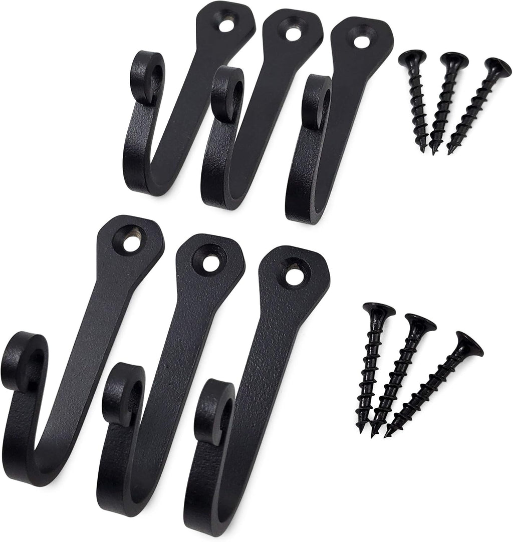 Heavy Duty Cast Iron Wall Hooks – Multi-Purpose hangers for Cast Iron Pots & Pans, Mugs, Towels, Coats, Hats, fireplace, Entryway & More – Rustic Farmhouse Craftsman Décor – Matte Black (6 Pack)