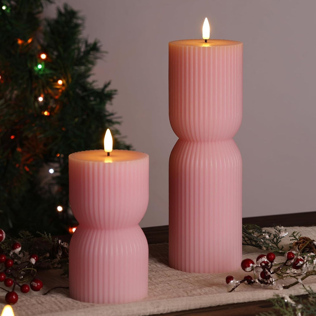 Pink Ribbed Flameless Pillar Candles with Remote Set of 2