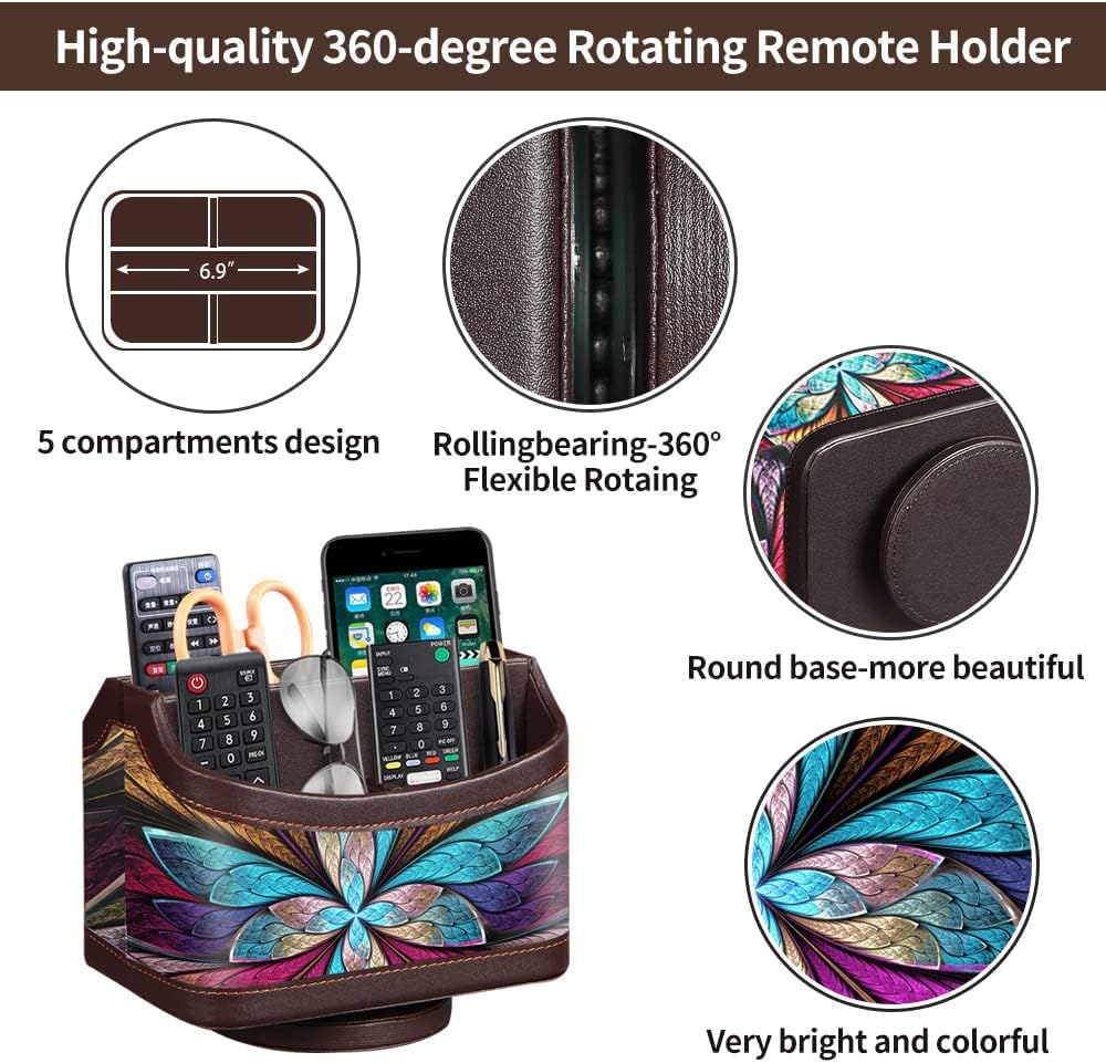 360° Rotatable Remote Control Holder,PU Leather TV Remote Caddy for Table