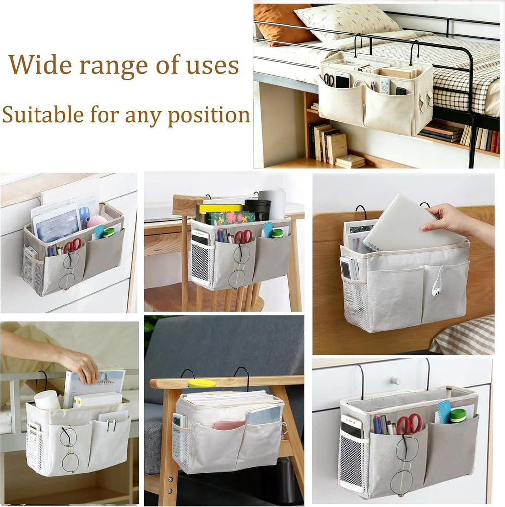 Bedside Caddy Organizer - Bedside Hanging Storage Bag with Hooks, Dorm Essentials Caddy for Bunk Bed & Dorm Bed Rails, Holds Books, Phones, Tablets, Glasses, Magazines & More (White)
