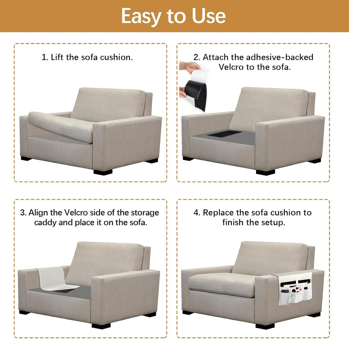 WOMACO Sofa Armrest Remote Magazine Holder, Non-Slip Armchair Recliner Caddy, Couch Arms TV Remote Control Organizer for Tablet, Phone, iPad, Laptop (Ivory, 16" x 35")