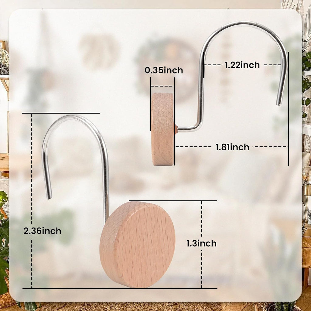 Wood Shower Curtain Hooks Rust Proof, Boho Shower Curtain Hooks Decorative, 24 Pack Shower Hooks for Shower Curtain, Shower Curtain Hangers Hooks (Wood,24)