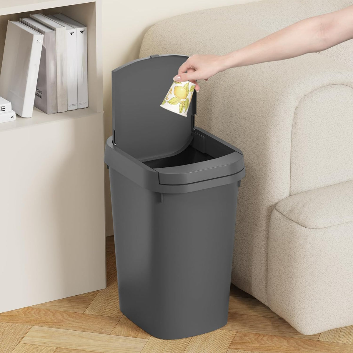 KSSKSS 3 Pack Bathroom Small Trash Can with Lid, 2.6 Gallon Slim Garbage Bin with Pop-Up Lid, 10L Plastic Wastebasket for Bedroom, Office, Kitchen, Toilet (Gray)