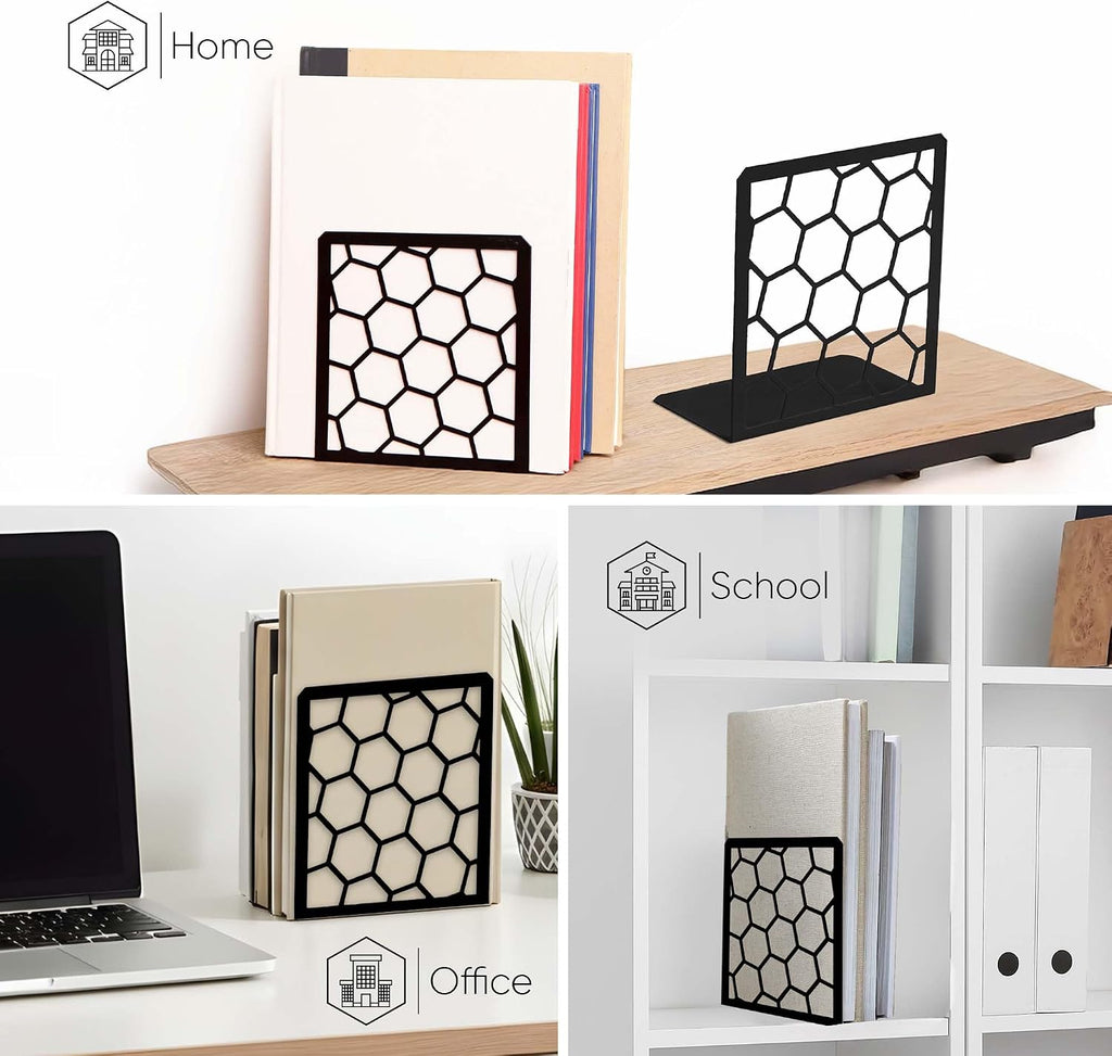 GEOMOD Premium Geometric Black Honeycomb Bookends for Shelves, Metal Book Ends Office, L-Shaped Stopper, Rustproof Decorative Unique Home, 6.25 (L) x 6 (W) inches, 2 Pairs - Geomod, (Pair of 2)