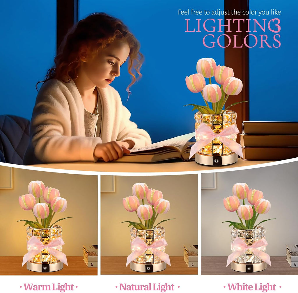 Tulip Flower Lamps, Rechargeable Cordless Small Desk Lamp, 3 Colors Dimmable Artificial Flowers Night Light, Fake Bouquet 5 Tulip with Crystal Vase for Home Date Party Decoration (Tulip-Pink)